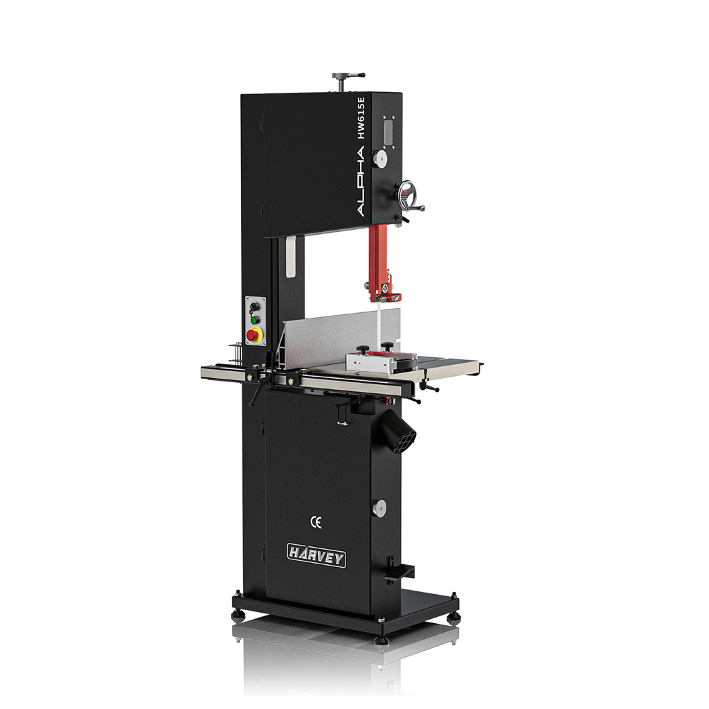 A black Alpha HW615E 380mm bandsaw with nickel-plated parts and a worktable, featuring a powerful motor and heavy-duty nickel-plated trunnion and cast iron flywheels.